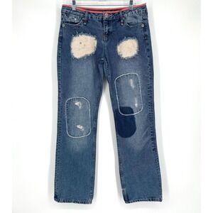 BCBGirls Distressed Patch Jeans Sz 32 Mid Rise Long Y2K Straight Leg Rigid Denim